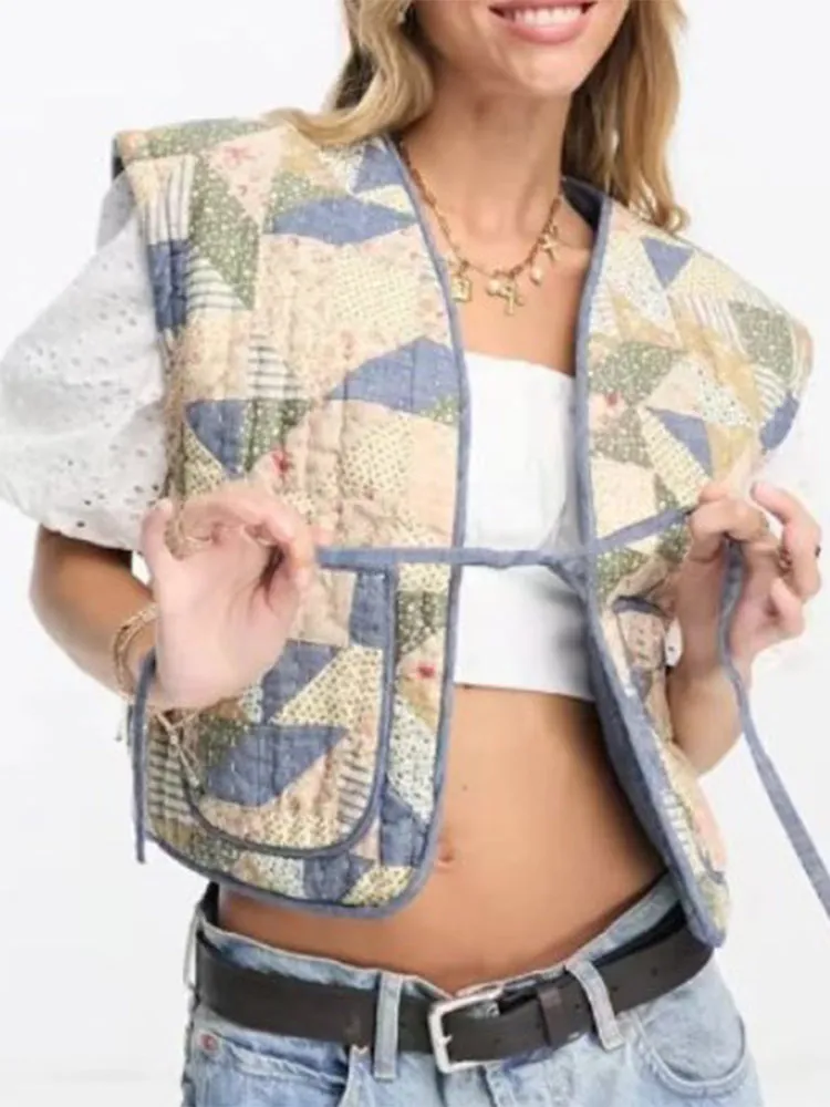 Reversível Patchwork Algodão Impresso Vest Para Mulheres Solta Laço Sem Mangas Bolso Cardigan Casaco 2023 Outono Feminino Outerwear . ' - ' . 1