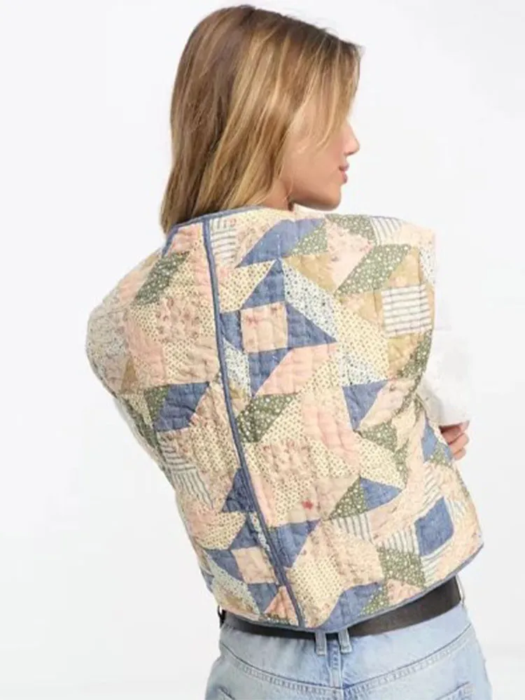 Reversível Patchwork Algodão Impresso Vest Para Mulheres Solta Laço Sem Mangas Bolso Cardigan Casaco 2023 Outono Feminino Outerwear . ' - ' . 3