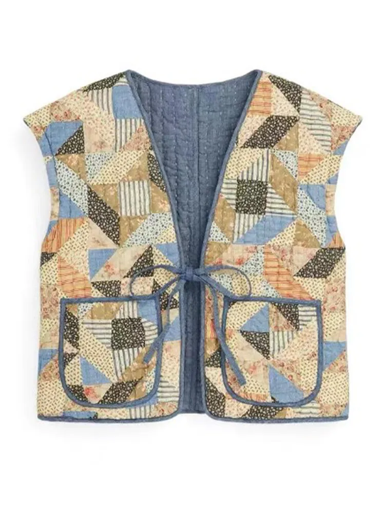 Reversível Patchwork Algodão Impresso Vest Para Mulheres Solta Laço Sem Mangas Bolso Cardigan Casaco 2023 Outono Feminino Outerwear . ' - ' . 5
