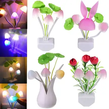 LED de Flores Coloridas Luzes da Noite de Cogumelo e Coelho Lâmpada Sensor de Casa Decoração do Quarto Novidade de Luz da Flor da Planta Nightlight