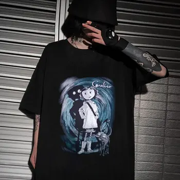 Verão Homens T-shirt Coraline Tim Burton Neil Gaiman Pesadelo Antes do Natal Goth Escuro Unisex T-Shirts de Rua Hip Hop Top Tee