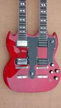 SG dupla pescoço 6+12 integrado de guitarra elétrica, transparente, vermelho, rosa madeira do braço, acessórios brancos, fornecido com o real