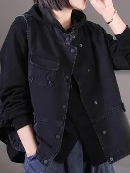 2023 Outono Mulher coreano Solto Art Irregular de Idade sem Mangas Colete Jeans Casual Único Breasted Stand Gola de Casaco Vintage