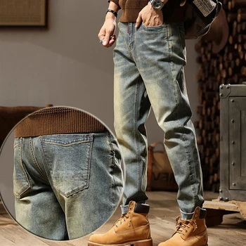 Oversized homens outono e inverno novo jeans indústria pesada lavado American vintage jeans folgadas calças de elástico