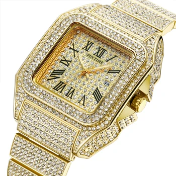 PINTIME Homem de relógios de Luxo, Diamantes de Gelo Quadrado de Quartzo relógio de Pulso de Aço Inoxidável Impermeáveis Banda de Negócios Relógio Casuals Reloj