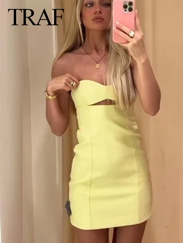 TRAF Mulher de Verão Espartilho Mini Vestido Amarelo Sólido sem encosto sem Mangas Com Zíper Senhora 