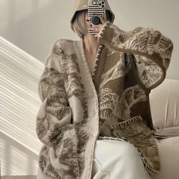 2023 Nova Chegada do Outono, as Mulheres Casual Solta V-pescoço Longo da Luva Cardigan Vintage de Impressão Single Breasted Camisola de Malha D492