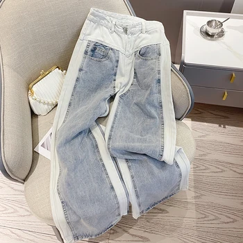 American Vintage Pantalones Cor Do Contraste De Costura Cintura Alta Bolsos De Calças Jeans Primavera Verão Casual Perder Toda A Correspondência Mulheres Calças