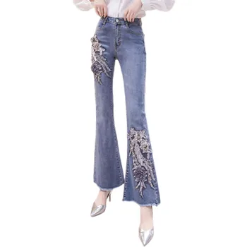 Moda Jeans Flare Pants Mulheres Retro Ripped Jeans De Perna Larga Calças De Senhora Casual Boca-De-Sino Feminino Calças Jeans De Senhoras