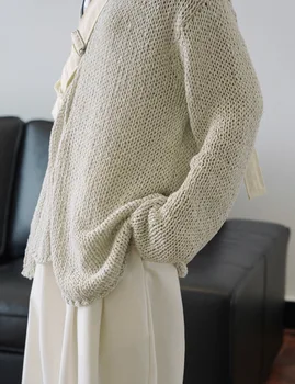 2023 Novas Mulheres do Início do Outono, o coreano Edição Preguiçoso Ocos V-neck Sweater Casaquinho Solto Perfil Casual de Malha, Casaco 003