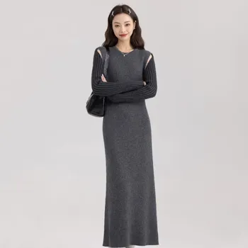 Camisola de malha de Vestido das Mulheres de 2023 Outono/Inverno Design Sentir Fora de Ombro Versátil de Metrô Estilo de Ajuste de Comprimento Médio Vestido