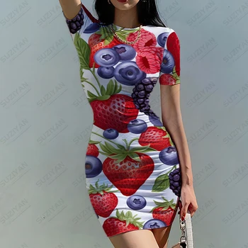 2023 Moda Verão Exterior, Casual, Vestido de Noções básicas de Manga Curta Vestido das Mulheres de Pescoço Redonda Pulôver Vestido Fruto de Impressão 3D Vestido
