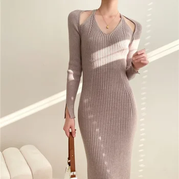 2023 Vento comprimento Médio Subjacência de Lã do Vestido com Cintura Divisão de Envoltório do Quadril Sobre o Joelho Vestido de Malha de Mulheres de Outono