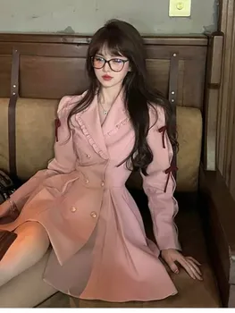 Cor-de-rosa Doce Blazer Vestidos de Mulheres coreano Arco Elegante Double Breasted Vestido Feminino Manga Longa França Vintage Vestido de Uma peça de 2023