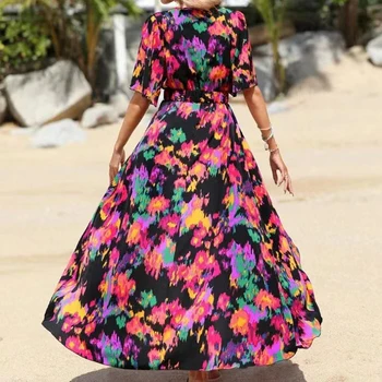 Senhora de Vestido Floral com decote em V Boêmio de Impressão Vestido de Bandagem Vestidos Longos com Cinto de Mulheres de uso Diário de Férias na Praia