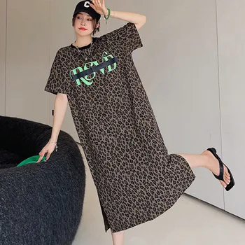 #6346 Leopard T-Shirt Dress Mulheres Letras Impressas Midi Vestido Curto De Manga Solta Vintage Reta Longa Camiseta Vestido Feminino De Verão