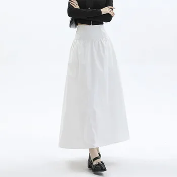 Saia longa para as Mulheres coreano Casual Cintura Alta Saia de Uma Linha Oficial de Saia Branca