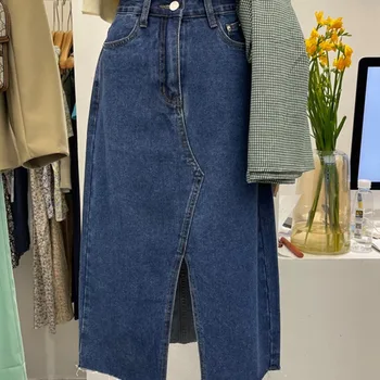 Saia do Denim de 2023 para Mulheres de Verão, Uma Linha de Cintura de Elástico Frouxo Japonês Azul Escuro Chique Y2k Casual Streetwear Saias Midi