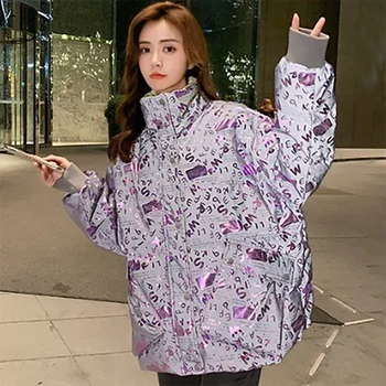 2023 Inverno Mulheres Solta Engrossar Parkas Carta De Impressão De Alta Moda De Rua Face Brilhante Casaco Feminino Coreano Quente Casaco De Algodão