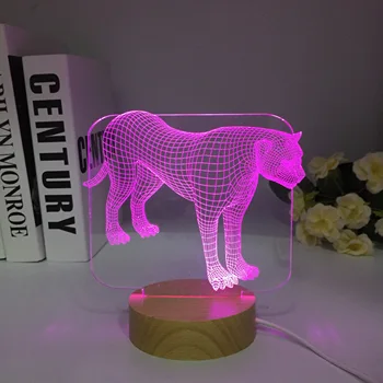 Novidade 3D, Ilusão de Holograma 7 Cores de Luz do Botão de Toque Animal Leopard Lâmpada de Mesa LED Tabela de Quarto de Madeira Presentes Crianças