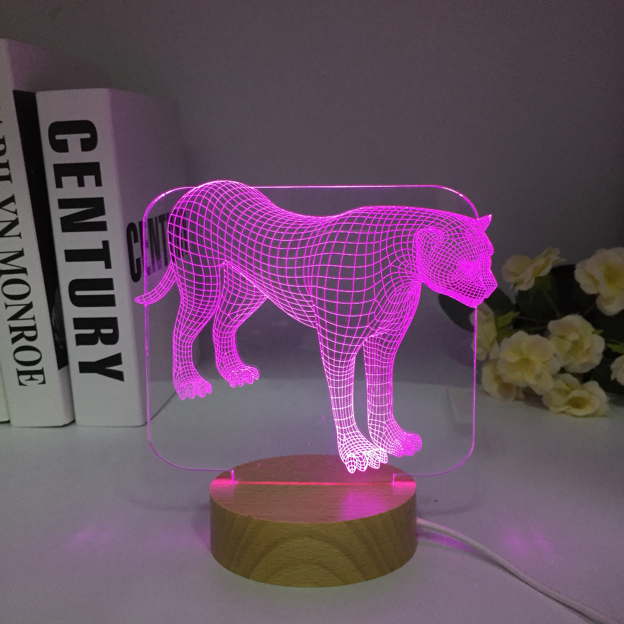 Novidade 3D, Ilusão de Holograma 7 Cores de Luz do Botão de Toque Animal Leopard Lâmpada de Mesa LED Tabela de Quarto de Madeira Presentes Crianças . ' - ' . 0