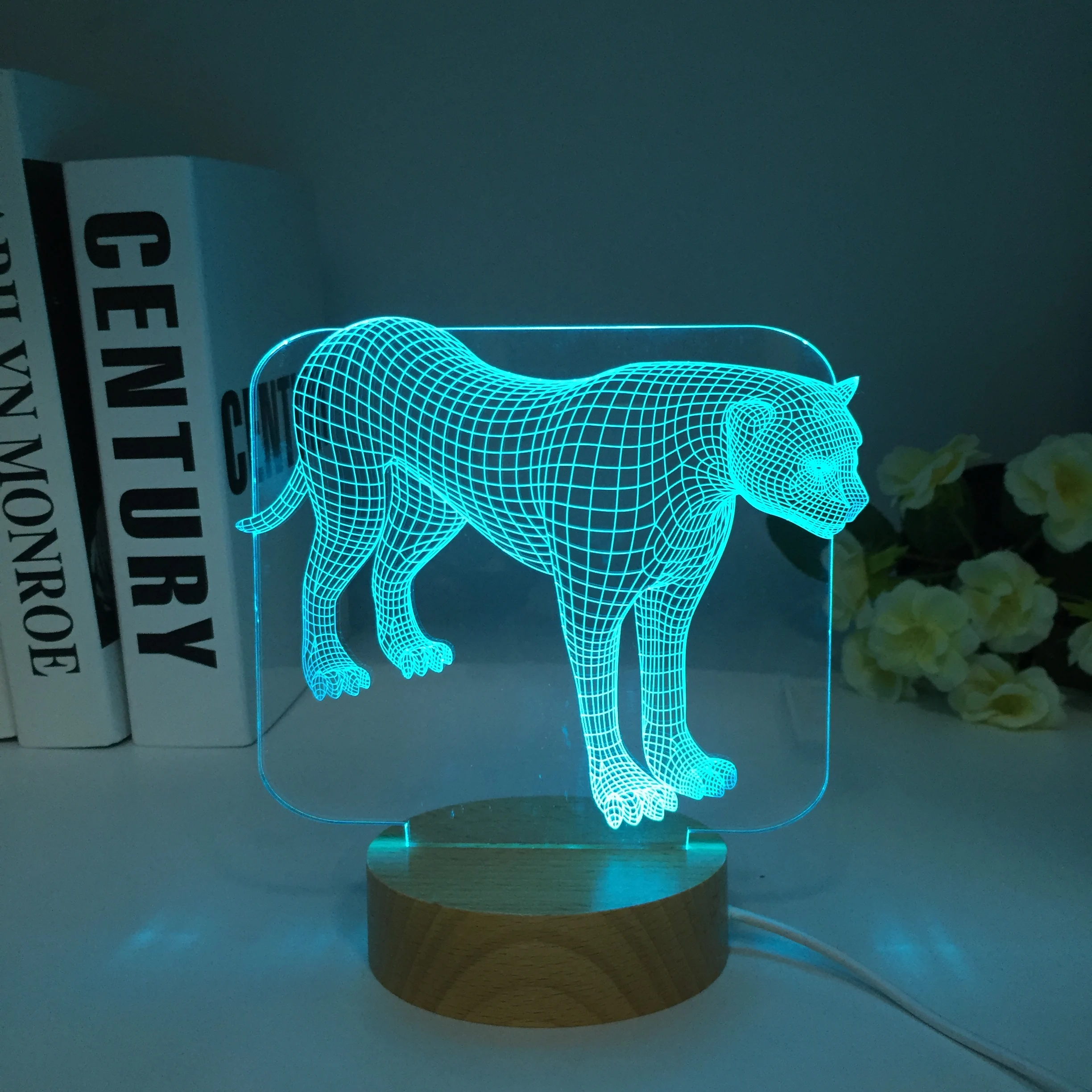 Novidade 3D, Ilusão de Holograma 7 Cores de Luz do Botão de Toque Animal Leopard Lâmpada de Mesa LED Tabela de Quarto de Madeira Presentes Crianças . ' - ' . 1