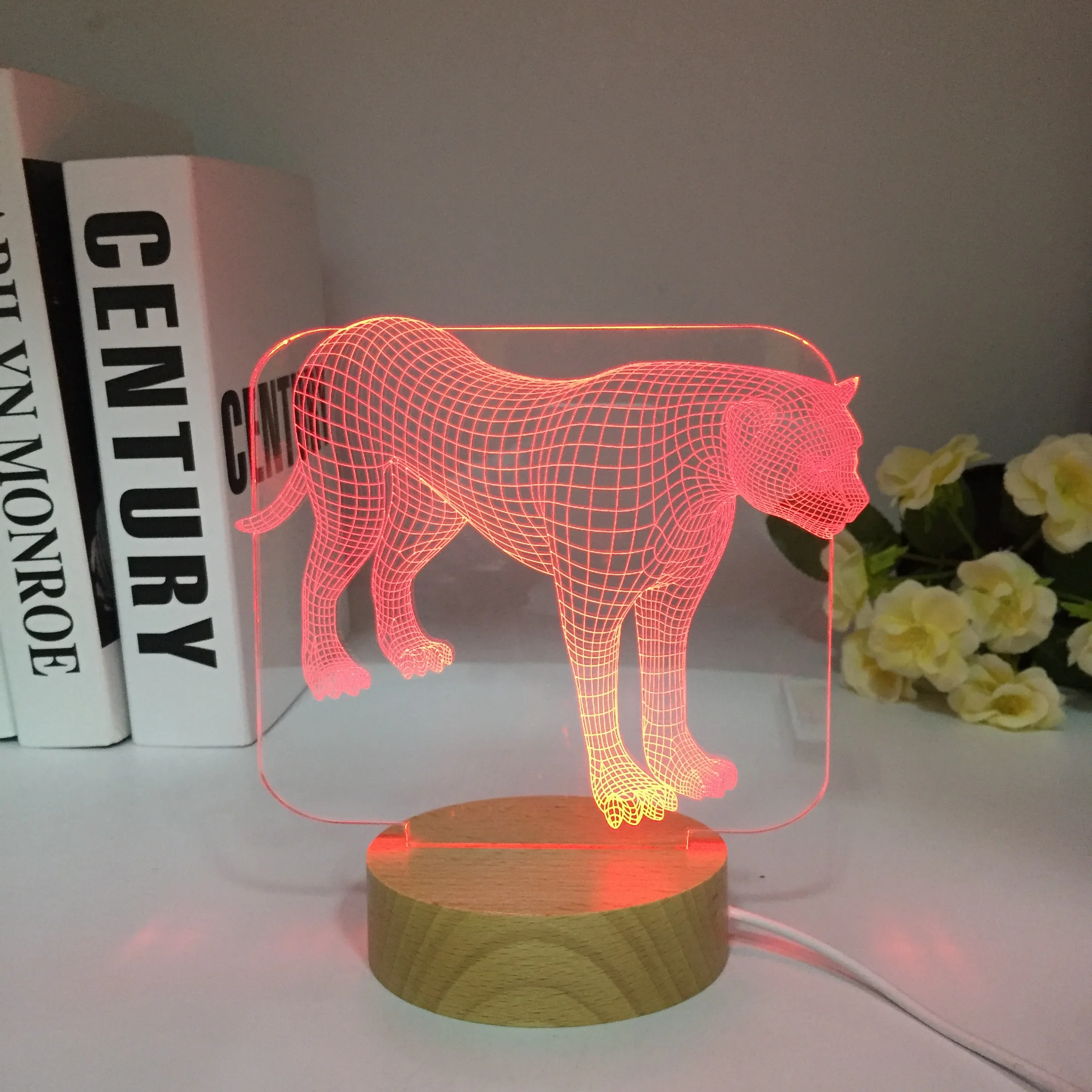 Novidade 3D, Ilusão de Holograma 7 Cores de Luz do Botão de Toque Animal Leopard Lâmpada de Mesa LED Tabela de Quarto de Madeira Presentes Crianças . ' - ' . 2