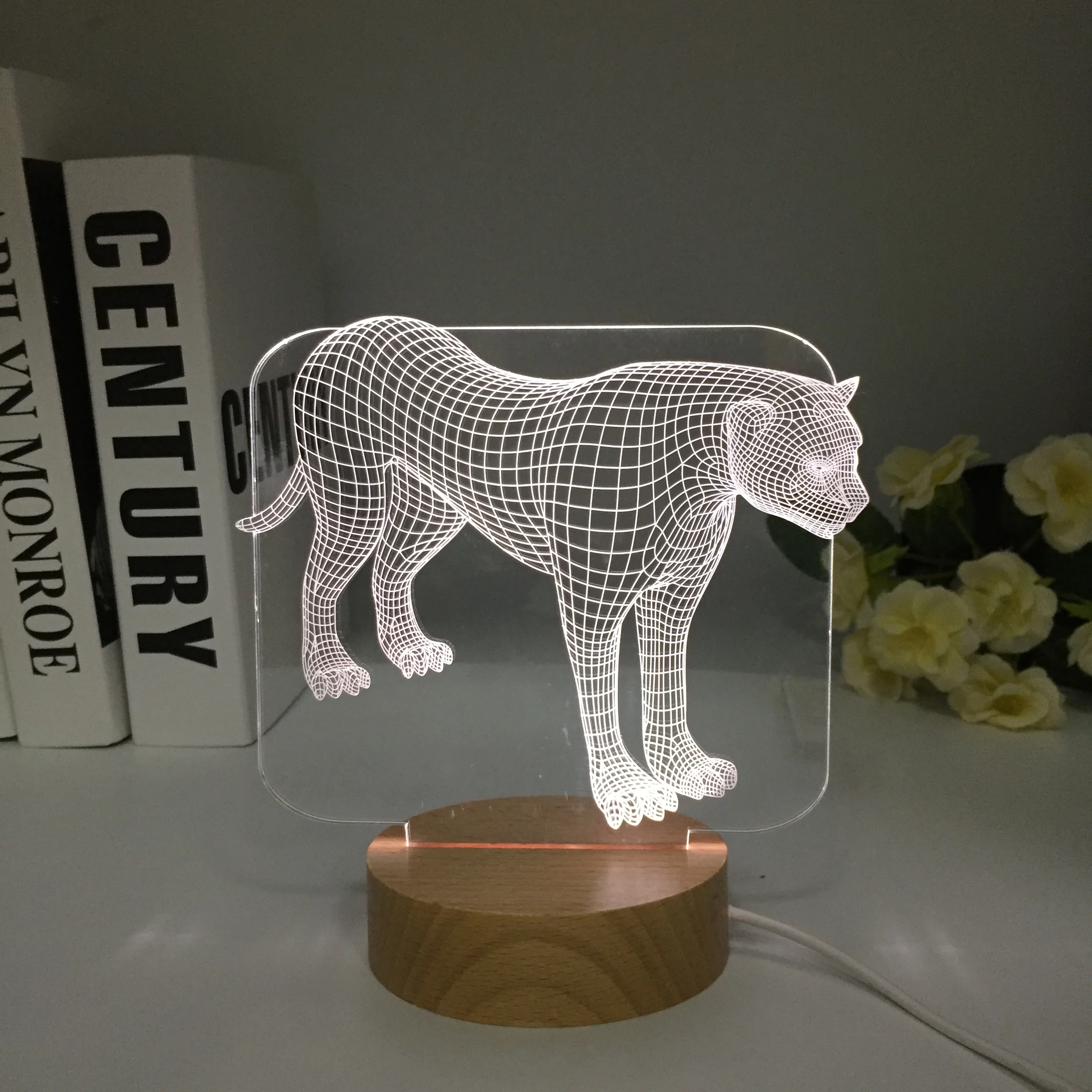 Novidade 3D, Ilusão de Holograma 7 Cores de Luz do Botão de Toque Animal Leopard Lâmpada de Mesa LED Tabela de Quarto de Madeira Presentes Crianças . ' - ' . 3