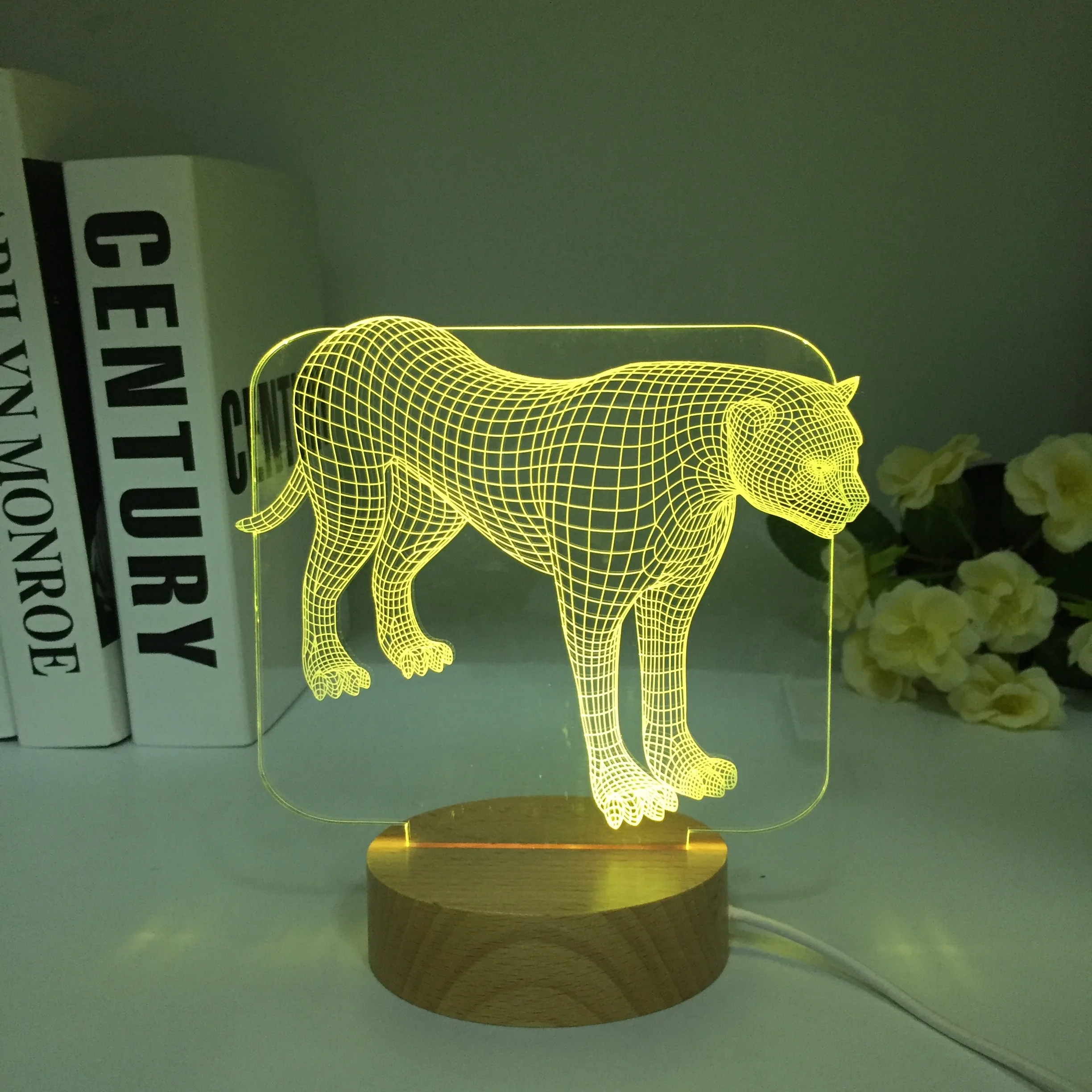 Novidade 3D, Ilusão de Holograma 7 Cores de Luz do Botão de Toque Animal Leopard Lâmpada de Mesa LED Tabela de Quarto de Madeira Presentes Crianças . ' - ' . 4