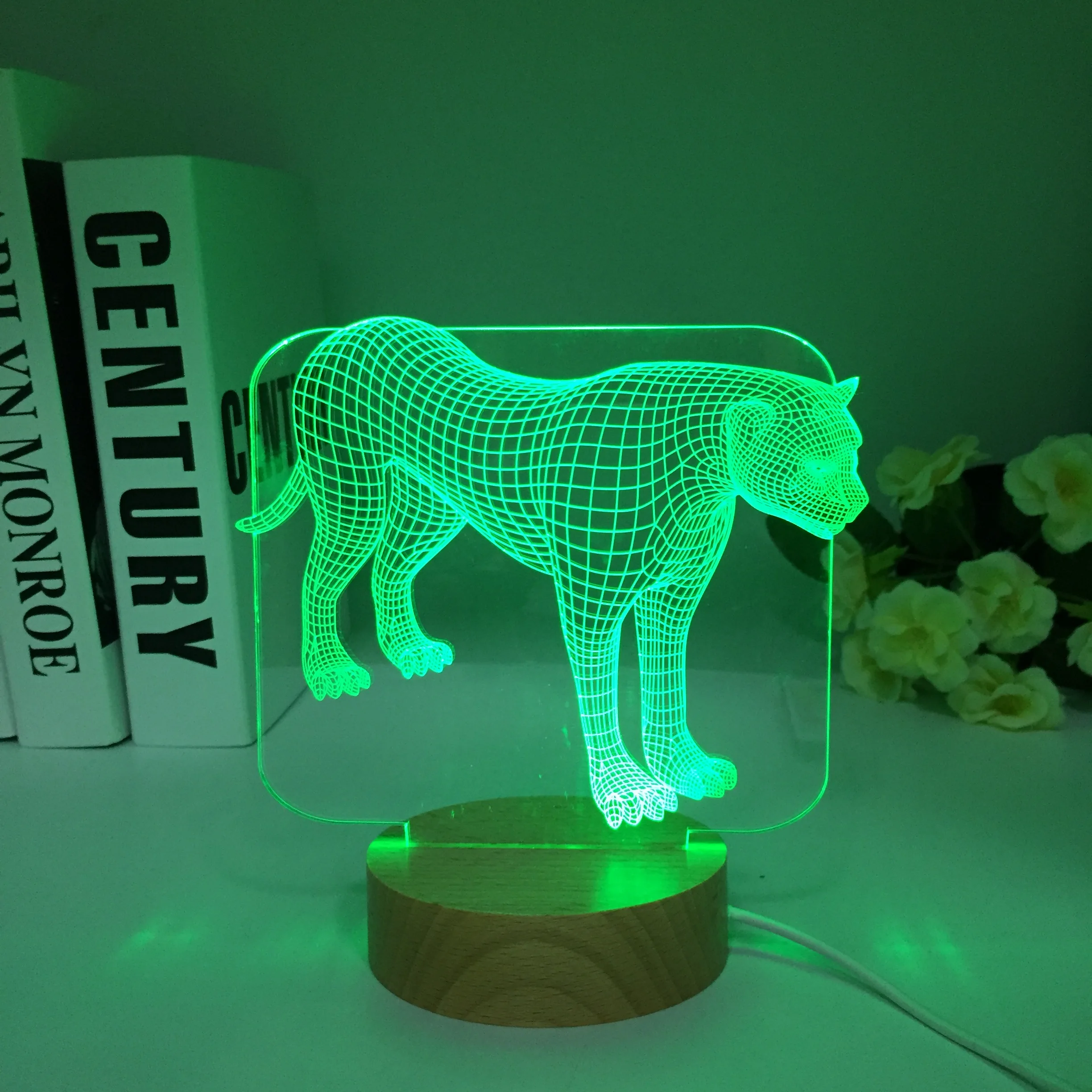Novidade 3D, Ilusão de Holograma 7 Cores de Luz do Botão de Toque Animal Leopard Lâmpada de Mesa LED Tabela de Quarto de Madeira Presentes Crianças . ' - ' . 5