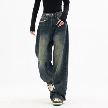 As Mulheres Do Vintage Wide Leg Jeans Casual Coreano Calça Baggy Outono De Cintura Alta Solta Bolsos Projetado Streetwear Reta Calça Azul
