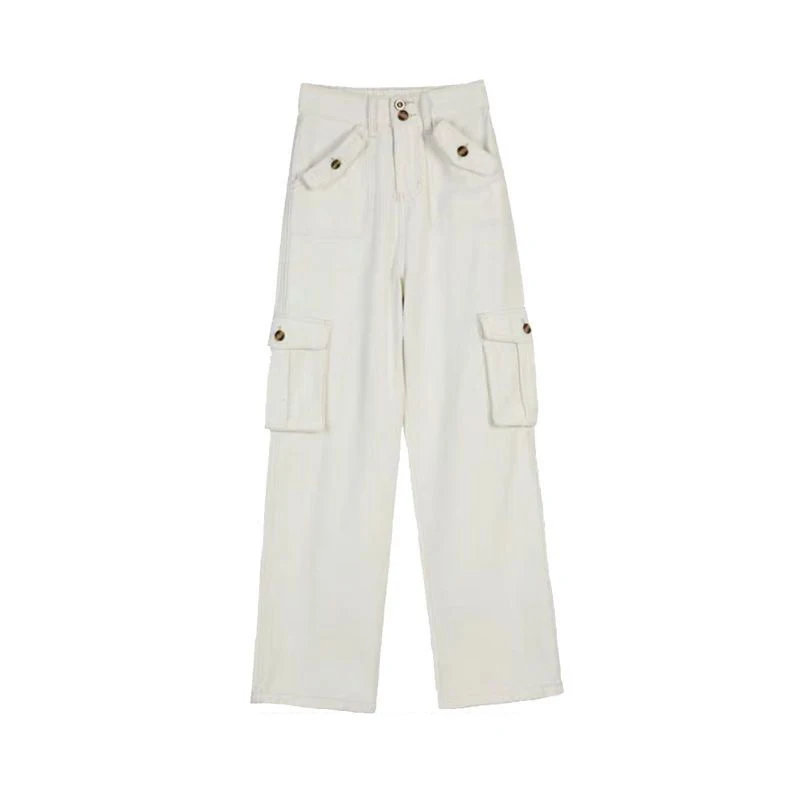 Multi-Bolso Brancas Calças Cargo Y2k Retro Alta Moda De Rua De Cintura Alta Jeans Casal Harajuku Simples Wide Leg Pants . ' - ' . 5