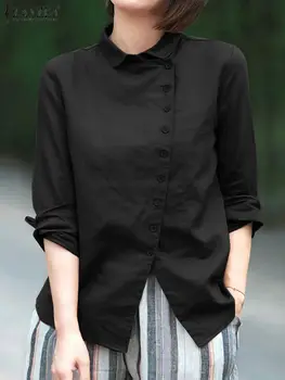2023 ZANZEA Outono Vintage Camisa Mulheres Lapela Pescoço Longo da Luva Sólido Blusa de Botões de Moda para Baixo Tops Festa Casual Trabalho Blusas