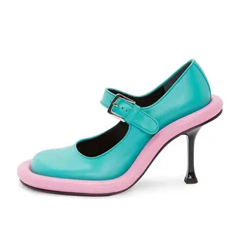 Verão Novo Colorido Cabeça Redonda de Sapatos femininos Fino Salto Alto Fivela em Couro Sapatos da Moda feminina Mary Jane Único Sapatos