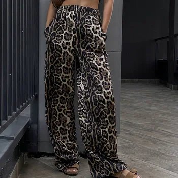 A Wide Leg Jeans estampa de Leopardo de Street Style Meados de-cintura com Elástico Largo mão, Calças 2023 Nova Moda Outono Casual Calças para Mulheres