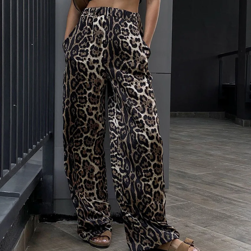 A Wide Leg Jeans estampa de Leopardo de Street Style Meados de-cintura com Elástico Largo mão, Calças 2023 Nova Moda Outono Casual Calças para Mulheres . ' - ' . 0
