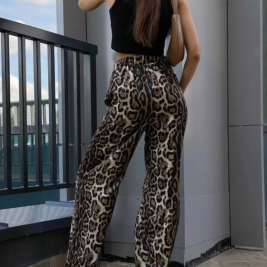 A Wide Leg Jeans estampa de Leopardo de Street Style Meados de-cintura com Elástico Largo mão, Calças 2023 Nova Moda Outono Casual Calças para Mulheres . ' - ' . 2