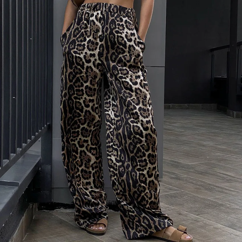 A Wide Leg Jeans estampa de Leopardo de Street Style Meados de-cintura com Elástico Largo mão, Calças 2023 Nova Moda Outono Casual Calças para Mulheres . ' - ' . 3