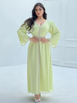 As Mulheres Muçulmanas Vestido De Marrocos Caftan Chiffon Diamante Abaya Decote Em V Manga Longa Com Cinto Solto Árabe De Dubai Caftan Marocain Eid
