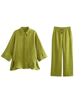 SuperAen Mulheres de Outono Casuais Novo Fina Camisa Solta Cintura Alta Calças compridas para Mulheres Conjuntos de Duas Peças
