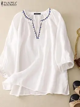 ZANZEA Moda Tops com decote em V 2023 Outono Mulheres Blusa Casual Solta 3/4 Puff Camisas de Manga Vintage Punho Bordado de Fenda Túnica Femme