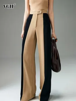 VGH bater cor de retalhos botão de calça para mulheres de cintura alta casual solta minimalista comprimento total calças da moda feminina roupas