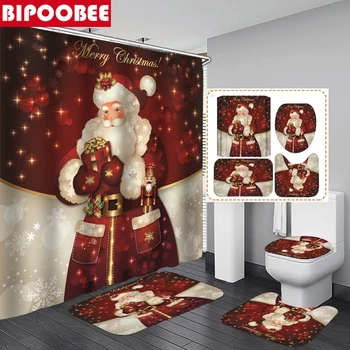 Vermelho de Papai Noel Impresso Natal Cortina de Chuveiro Conjunto com Banheira Tapete antiderrapante, Tapete de casa de Banho Partição Cortinas Decoração de Casa