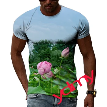 Maré da Moda Verão Lírio-d'Água de Imagem dos Homens T-shirt de Impressão Casual Tees Hip Hop Personalidade em torno do Pescoço Curto Sleev Secagem Rápida