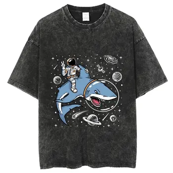 Vintage Lavado Y2k T-Shirts Para Os Homens, O Espaço De Peixe Gráfico T-Shirt, Do Algodão Do Unisex Do Streetwear, Harajuku De Grandes Dimensões De Manga Curta T