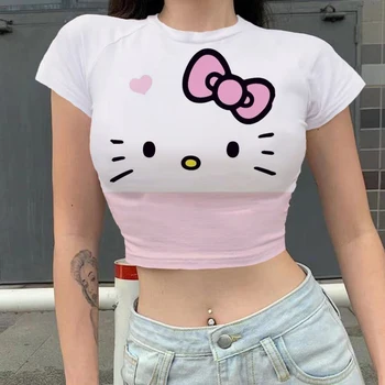 Hello Kitty Tshirt Mulheres Crop Top T-shirt Cropped Slim Cintura Alta de Manga Curta Básica Roupas de Verão Tops Meninas Sexy Tee
