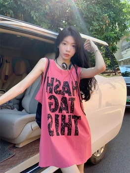 Menina quente Letra Impressa sem Mangas, parte Superior do Tanque T-shirt das Mulheres de Verão Solto Versátil, Casual comprimento Médio de Moda Feminina Roupas