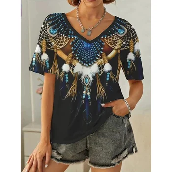 Mulheres Retro Y2k Superior Streetwear Harajuku V-Pescoço Tees Asteca Ocidental Estilo Étnico T-shirt de Impressão 3D de Penas Tribal Gráfico T-Shirts 