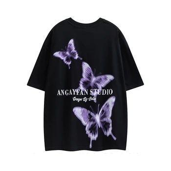 Clássico Unisex Homens Purple Butterfly Carta De Impressão De Manga Curta T-Shirt De Verão 2023 Superior Gótico Casual De Grandes Dimensões Tee Vintage Tops