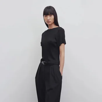 R0w Leve Premium Preto Curto T-Shirt Das Mulheres 2023 Verão Slim Elegante Ver Através Da Fenda Superior